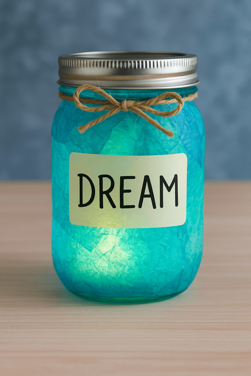 Dream jar in a blue/grean color with a tie.