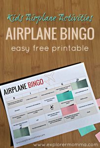 Kids airplane activities airplane BINGO printout on desk