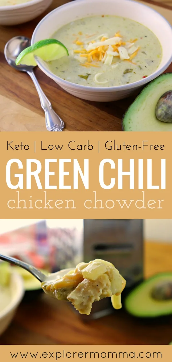 Easy and delicious keto low carb green chili chicken chowder. Gluten-free, sugar-free and comfort food. #ketosoups #lowcarbsoups #ketorecipes