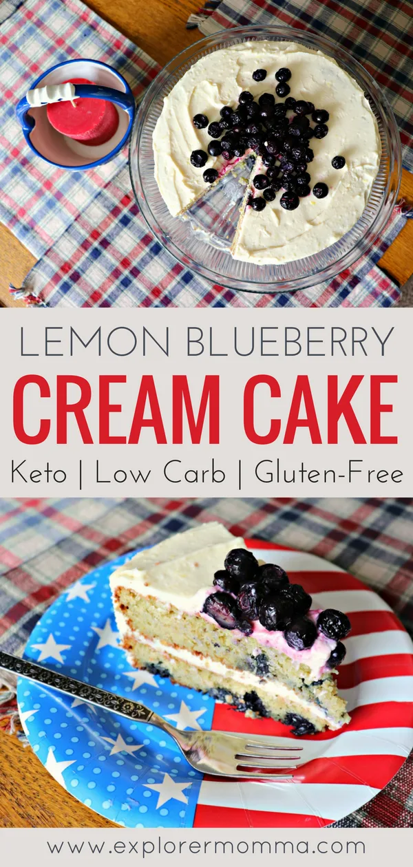 Are you looking for a delicious and moist low carb summer cake? Keto friendly Lemon Blueberry Cream Cake is awesome for Fourth of July, birthdays, afternoon tea, or other summer parties! #lowcarb #keto #ketodesserts #ketogenic #ketogenicdiet #explorermomma