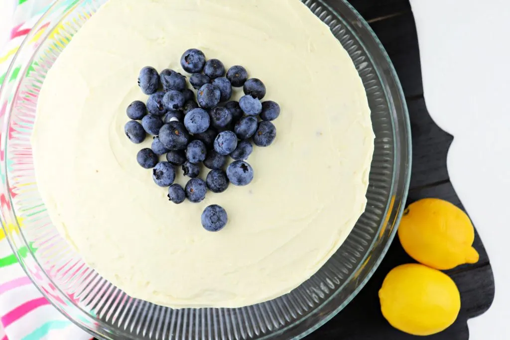 Overhead view of the Low carb lemon blueberry cream cake. #ketocake #lowcarbcake