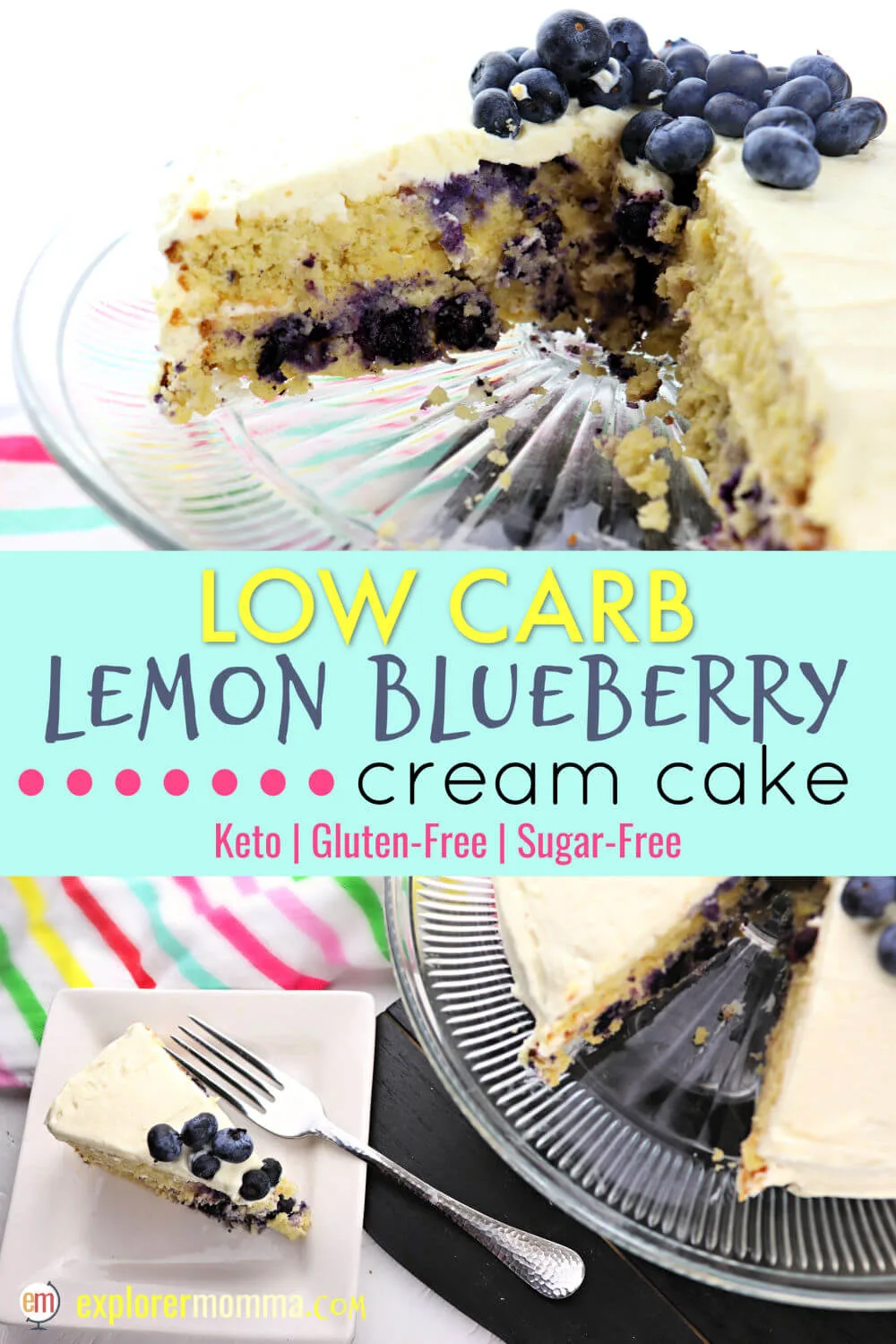 Luscious low carb lemon blueberry cream cake is an absolutely divine gluten-free, keto cake recipe. Sugar-free and with the tang of lemon, and blueberry flavor with cream. What could be better? #ketocake #lowcarbdesserts