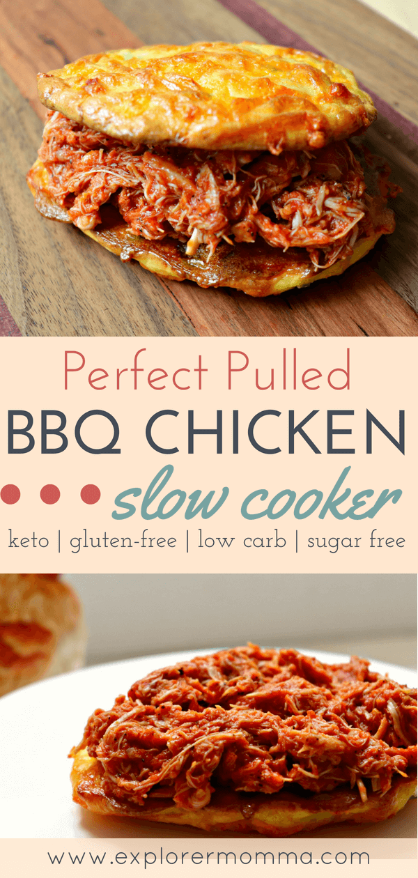 Easy perfect pulled BBQ chicken in the slow cooker is super kid-friendly and great for meal planning on a weeknight. Low carb and good for a keto diet, this recipe will be a family favorite. #slowncookerchicken #lowcarbchicken