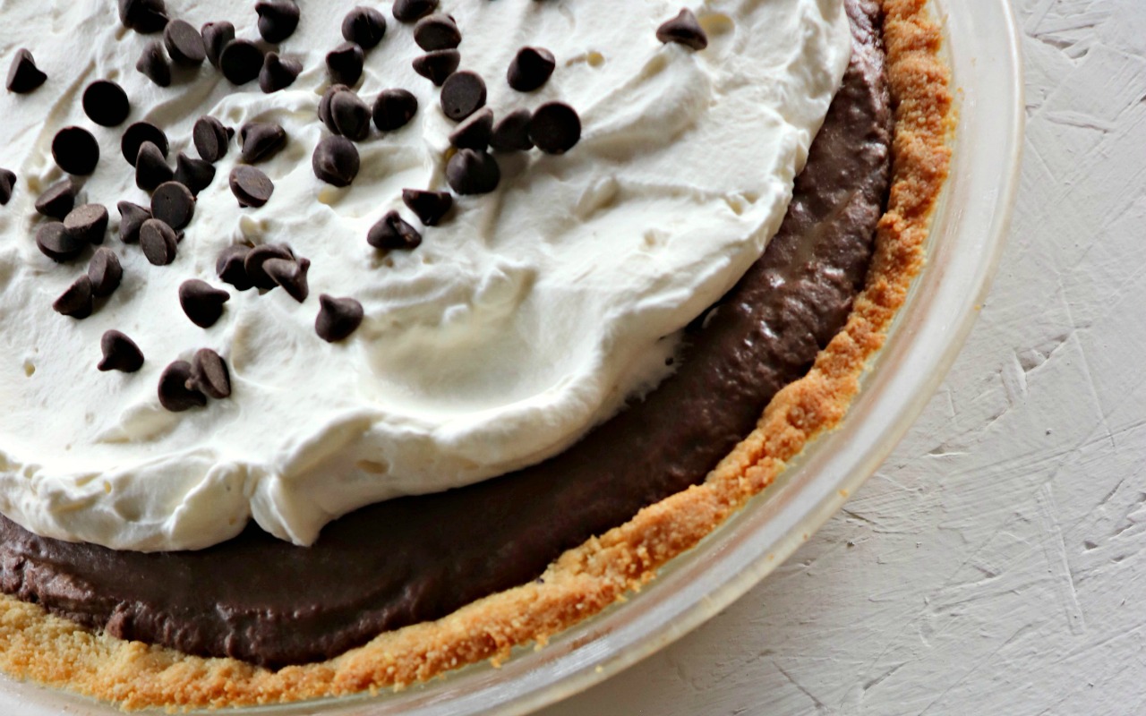 Whole low carb chocolate pie, closeup feature