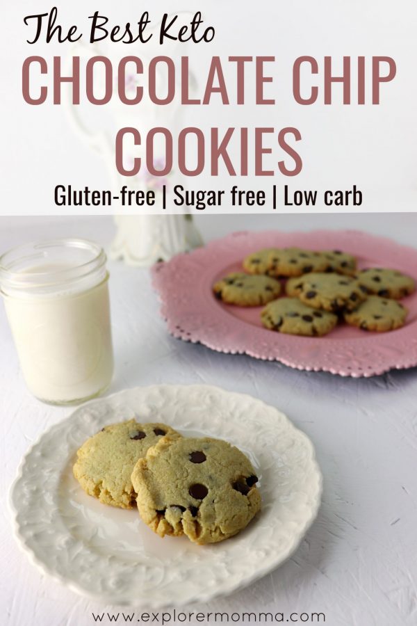 Looking for the best chewy keto chocolate chip cookies? Super easy, gluten free, chewy goodness. Try this recipe for a perfect low carb snack. #lowcarb #keto #glutenfree #explorermomma