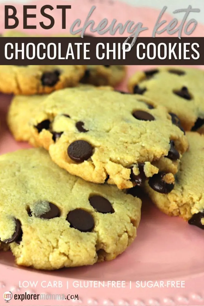 Soft low carb chocolate chip cookies are the perfect snack for a cookie craving. Grab one and stay on that keto diet easily. #ketocookies #chocolatechipcookies