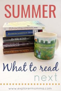 Summer what to read next pin with books and Monet mug