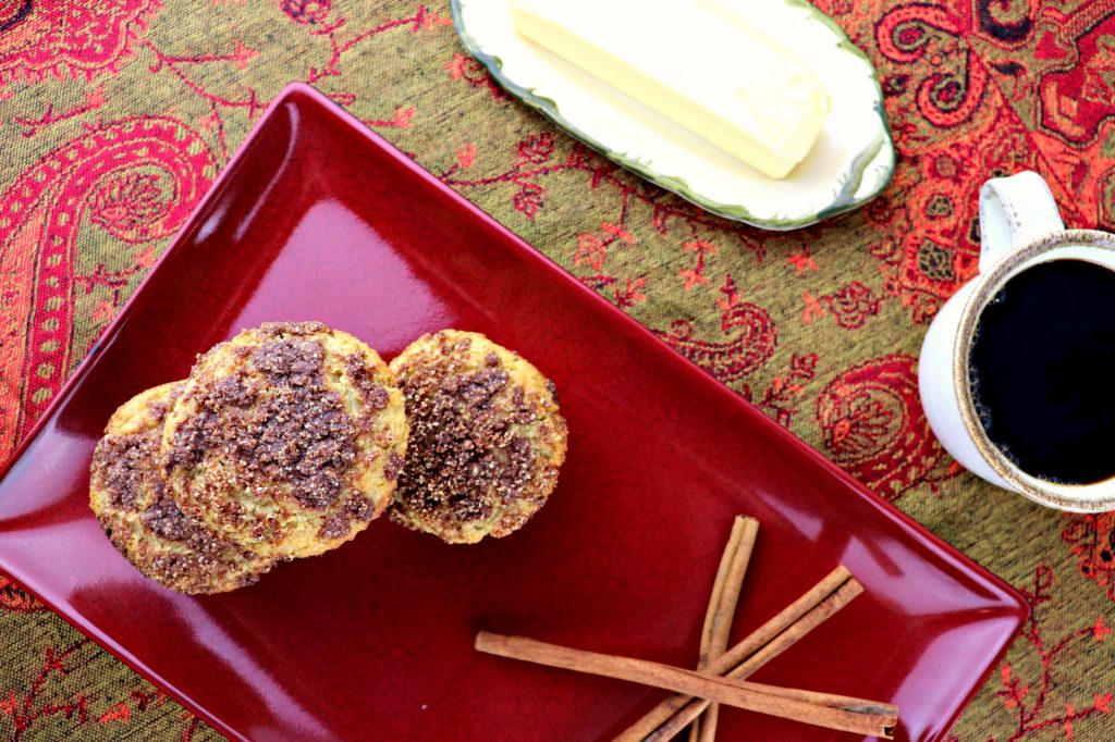 Low carb coffee cake muffins, overhead stack