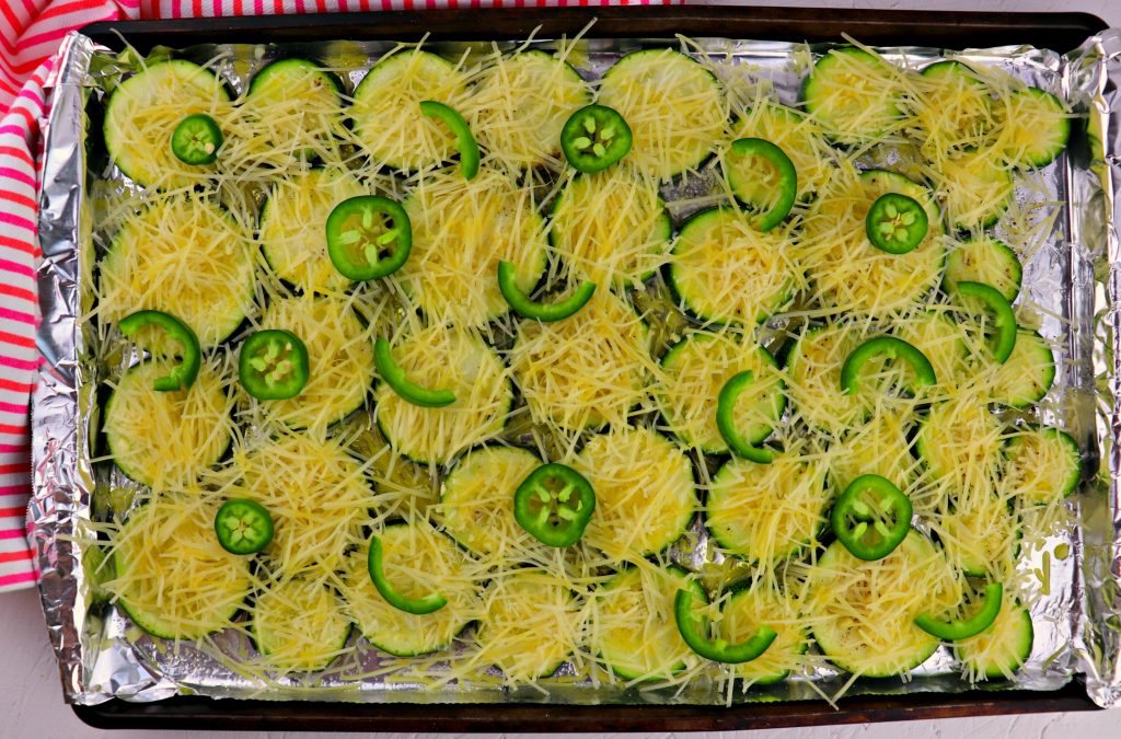 Pan of easy low carb grilled garlic parmesan zucchini to bake