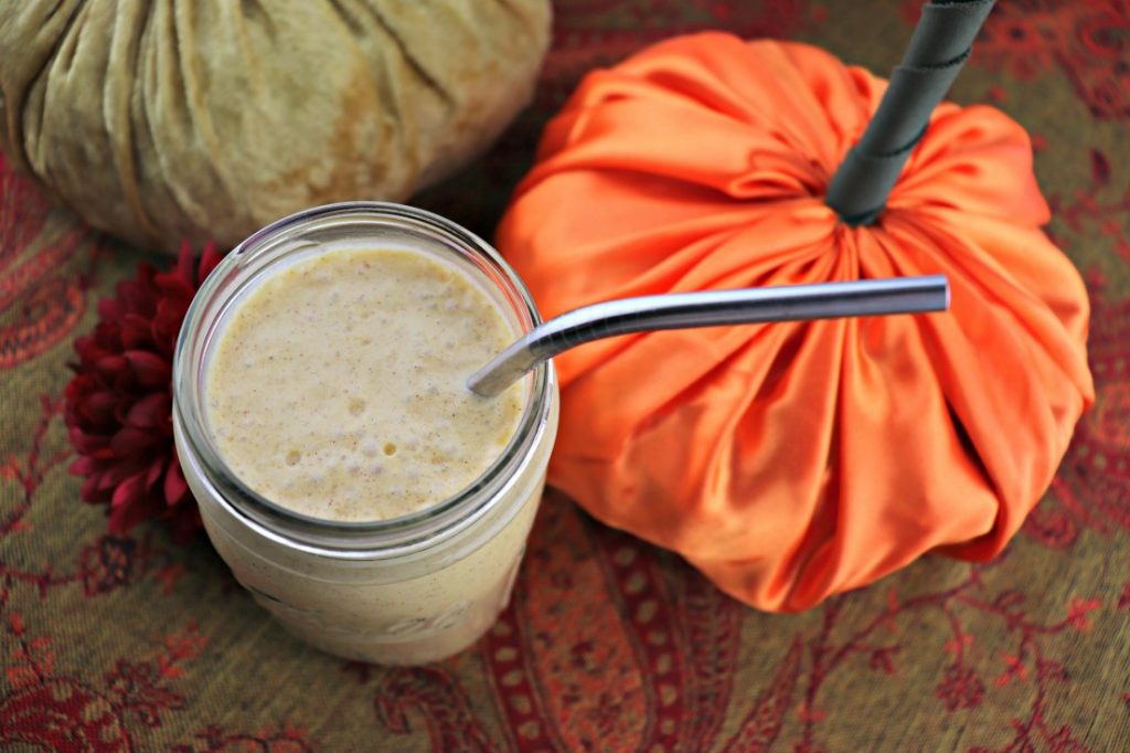 Keto pumpkin spice breakfast smoothie overhead close-up