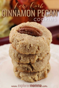 Quick and easy low carb cinnamon pecan cookies are the perfect keto snack! Grab tea and a gluten-free cookie, yum! #glutenfreecookies #ketosnacks #lowcarbcookies #cinnamonpecan #explorermomma