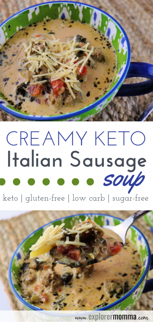 Delicious Creamy Keto Italian Sausage Soup. Need a low carb, gluten-free, easy recipe for a family dinner? Comforting and full of flavor, your family will love you. #ketorecipes #lowcarbsoups