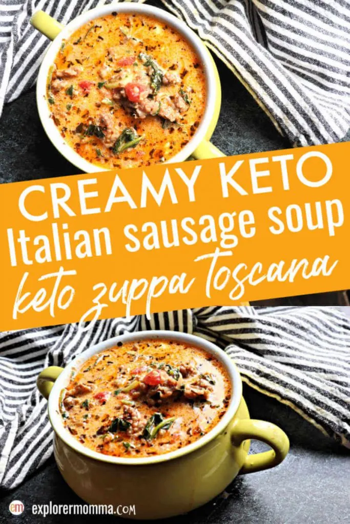 Creamy Keto Italian sausage soup aka Keto Zuppa Toscana is a flavorful healthy family dinner. The perfect low carb, gluten-free soup to meal prep for a keto diet or for anyone! #ketosoup #zuppatoscana #ketorecipes