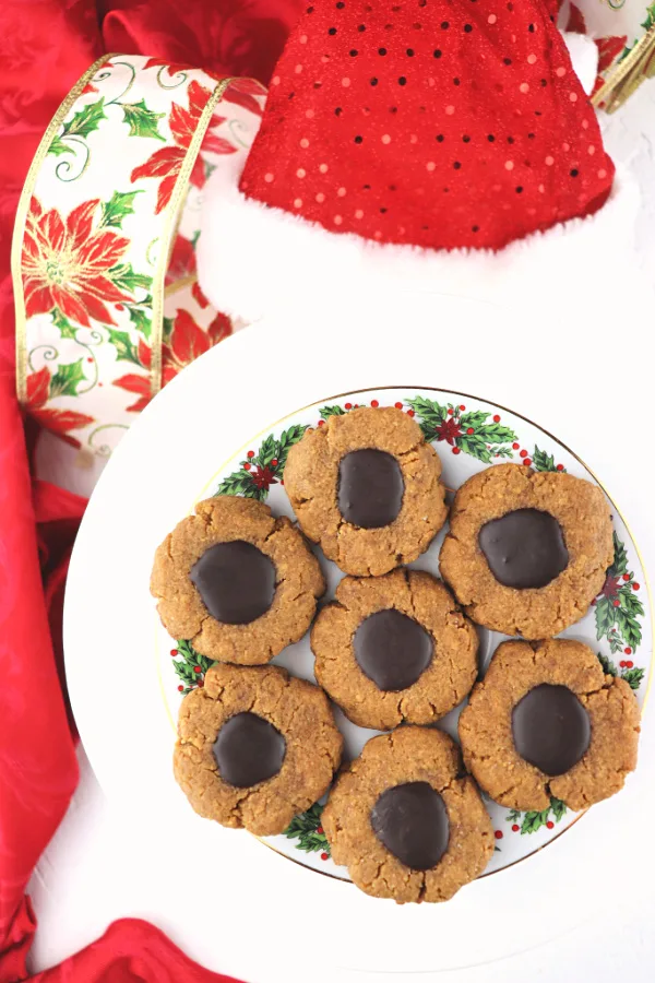 Overhead plate of keto peanut butter thumbprint cookies