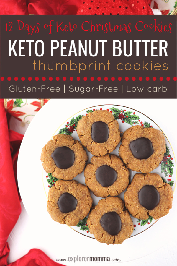 Thumbprint Keto Peanut Butter Cookies are the ultimate in Christmas cookies. Rich chocolate and peanut butter in a healthier keto diet version. Low carb, sugar-free, and gluten-free holiday cookies. #glutenfreecookies #ketorecipes