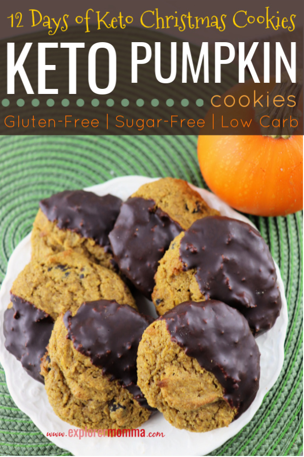 Low carb pumpkin cookies combine spice, chocolate and goodness in keto, gluten-free, sugar-free packages. Soft and kid-friendly and sure to please! #ketocookies #pumpkincookies