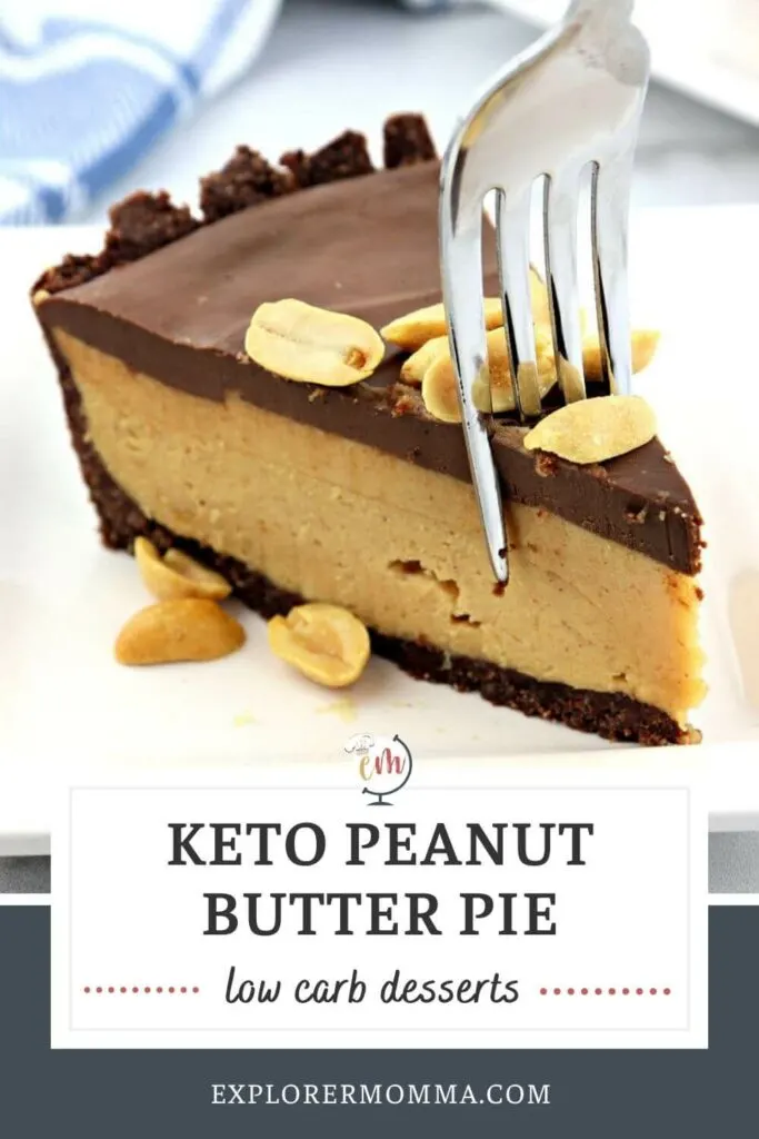 A fork taking a bite out of a piece of keto peanut butter pie