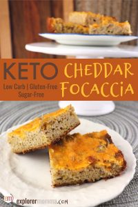Keto cheddar focaccia is low carb, cheesy heaven! Missing bread? Soft and delicious, this gluten-free bread is perfect with keto soups and salads. #ketobread #lowcarbrecipes