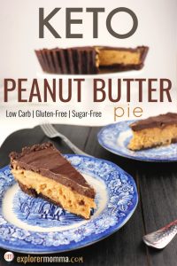 Keto Peanut butter pie, pieces of pie on blue plates in front of the entire pie