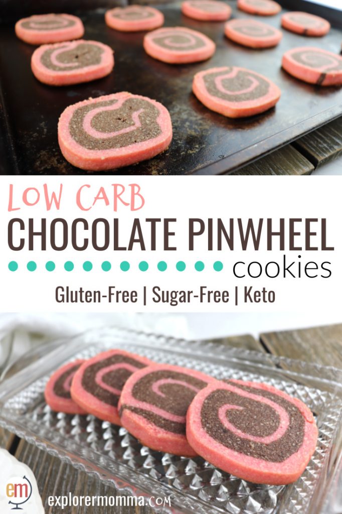 Low carb chocolate pinwheel cookies have the perfect tea cookie snap and are ideal for Valentine's Day, Christmas, or any day! If you want a gluten-free, sugar-free cookie that tastes amazing, these are for you! #lowcarbvalentine #lowcarbcookies