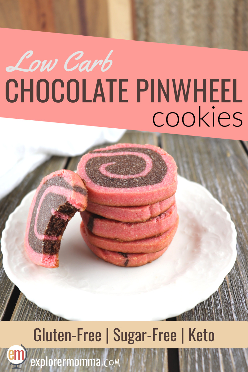 Low carb chocolate pinwheel cookies | Keto treats for Valentine's Day, Christmas, or an afternoon snack! Gluten-free and sugar-free, these flavorful shortbread-like slice and bake cookies are sure to please. #lowcarbcookies #lowcarbrecipes