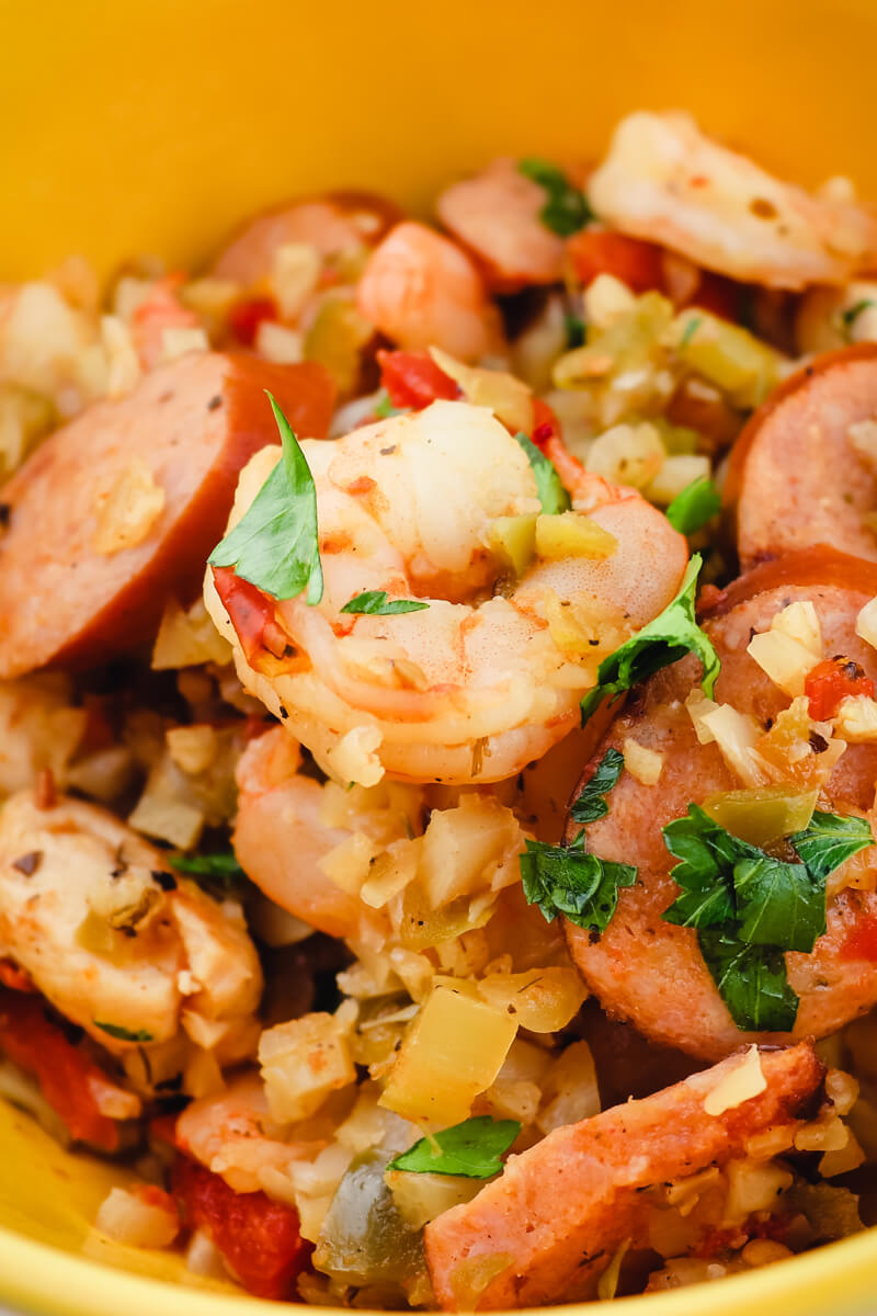 Closeup of keto jambalaya with shrimp on top