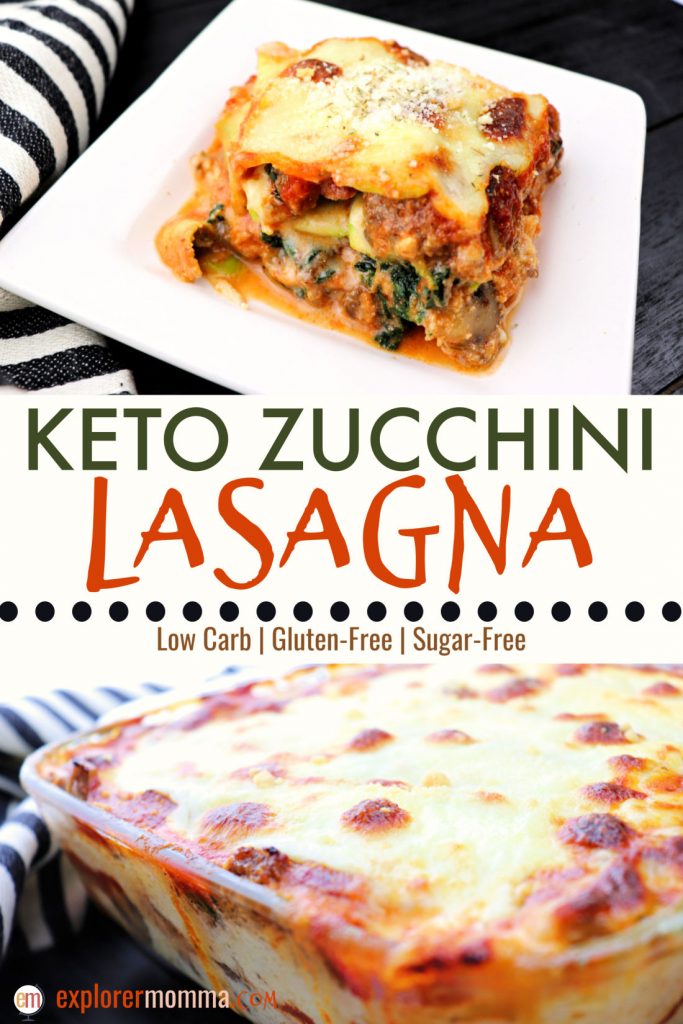 Gooey keto zucchini lasagna has the ultimate comforting flavor in a guilt-free low carb goodness. Gluten-free and delicious with Italian sausage, spinach and mushrooms. #zucchinilasagna #ketodinners