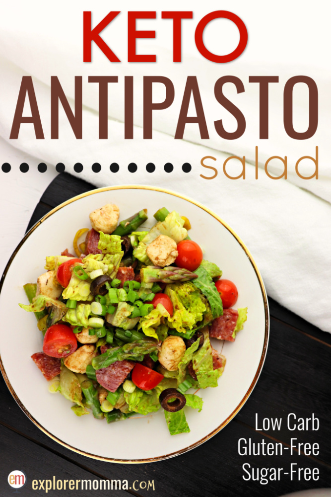 Keto antipasto salad with a balsamic vinegar and avocado oil dressing is perfect for picnics, events, or an easy low carb lunch! Gluten-free fresh deliciousness. #ketosalad #lowcarblunch