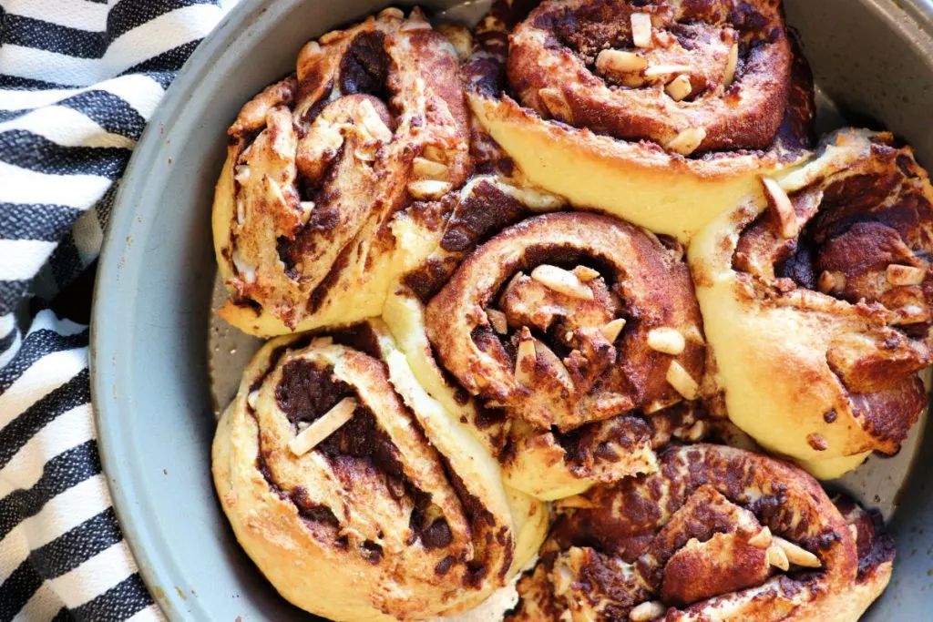 Overhead close-up of the baked keto cinnamon rolls without frosting