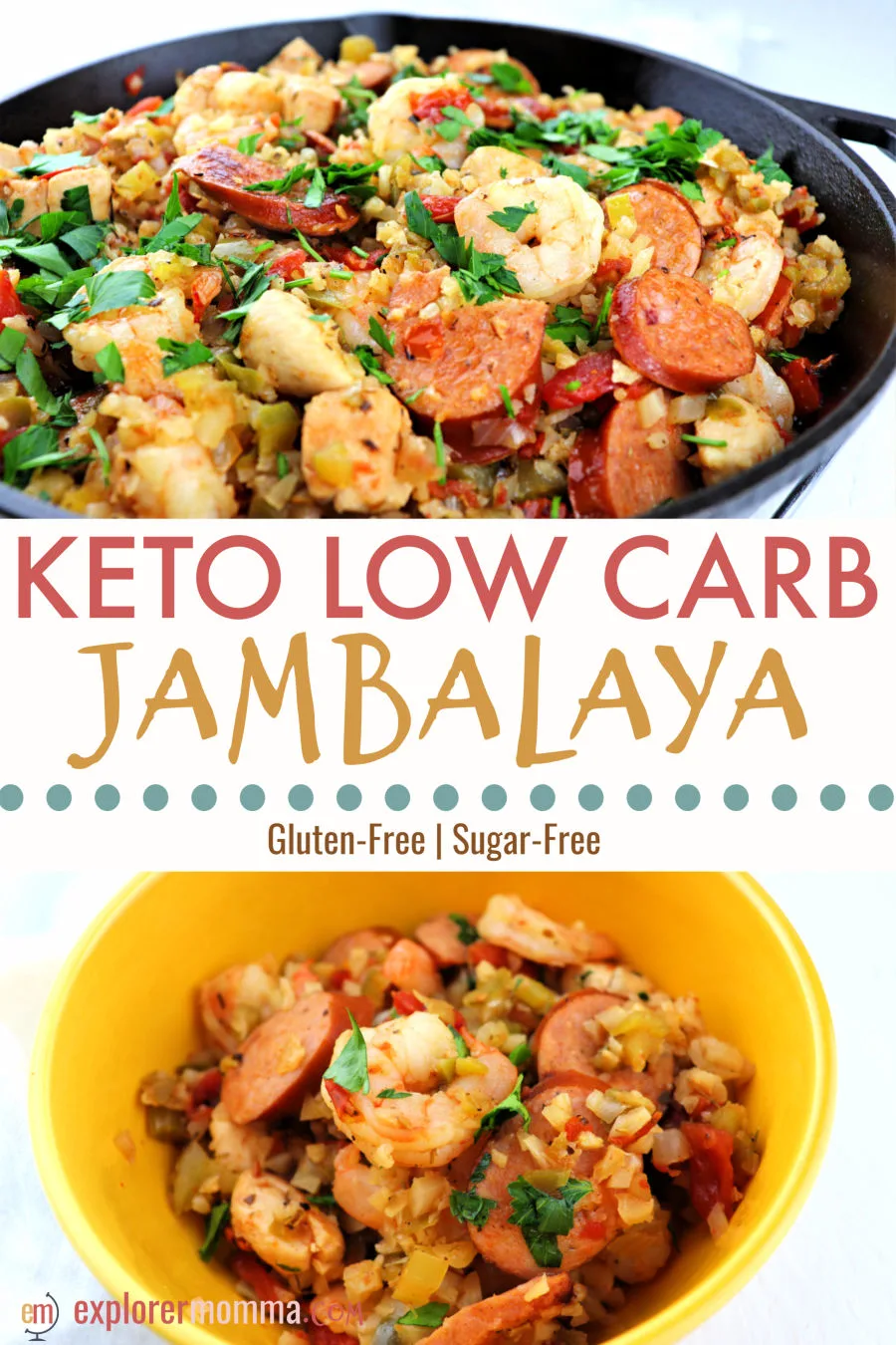 Keto jambalaya will add some spice to your low carb family dinner! Gluten-free with cauliflower rice, andouille sausage, shrimp, and chicken. The perfect one-pot meal. #ketodinners #ketorecipes