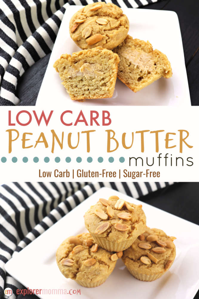 Plates of low carb peanut butter muffins are a welcome keto breakfast or lunch treat! Filled with a silky peanut butter cream cheese filling, they may become a new obsession. #lowcarbrecipes #ketobreakfast