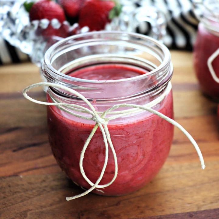 Jar of delicious easy keto strawberry jam #sugarfreejam #ketojam