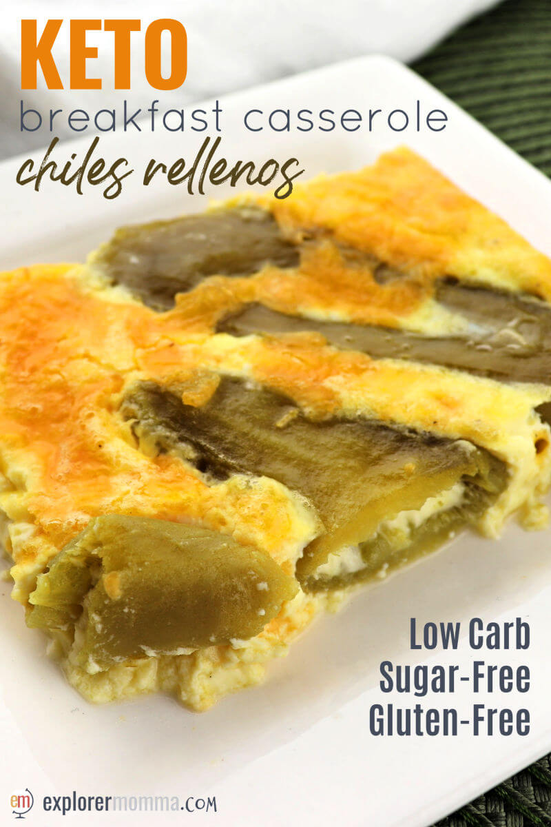 Chiles rellenos keto breakfast casserole is a delight to the tastebuds! Cheesy low carb, gluten-free stuffed green chiles in a breakfast egg custard. #ketobreakfast #ketorecipes