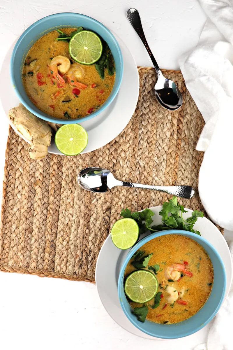 Creamy low carb Thai shrimp soup is dairy-free, gluten-free, keto, and an amazing blend of flavors with a punch of red curry. 