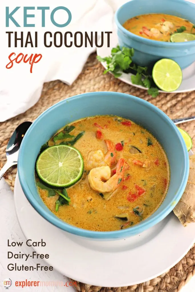 Keto Thai Coconut Soup is perfectly balanced low carb delight with shrimp, lemongrass, lime, ginger, coconut milk, red curry and more. Dairy-free and gluten-free, it's delicious and versatile for Lent or days when you want to head to Thailand. #lowcarbsoup #ketosoup