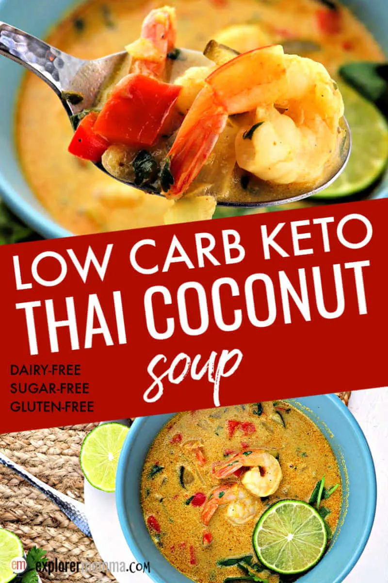 Keto Thai Coconut Soup with shrimp is a delicious and flavorful dairy-free keto diet recipe. Gluten-free, sugar-free, and low carb, it's perfect for Lent or even when you have a cold! #ketosoups #ketorecipes #dairyfreeketo