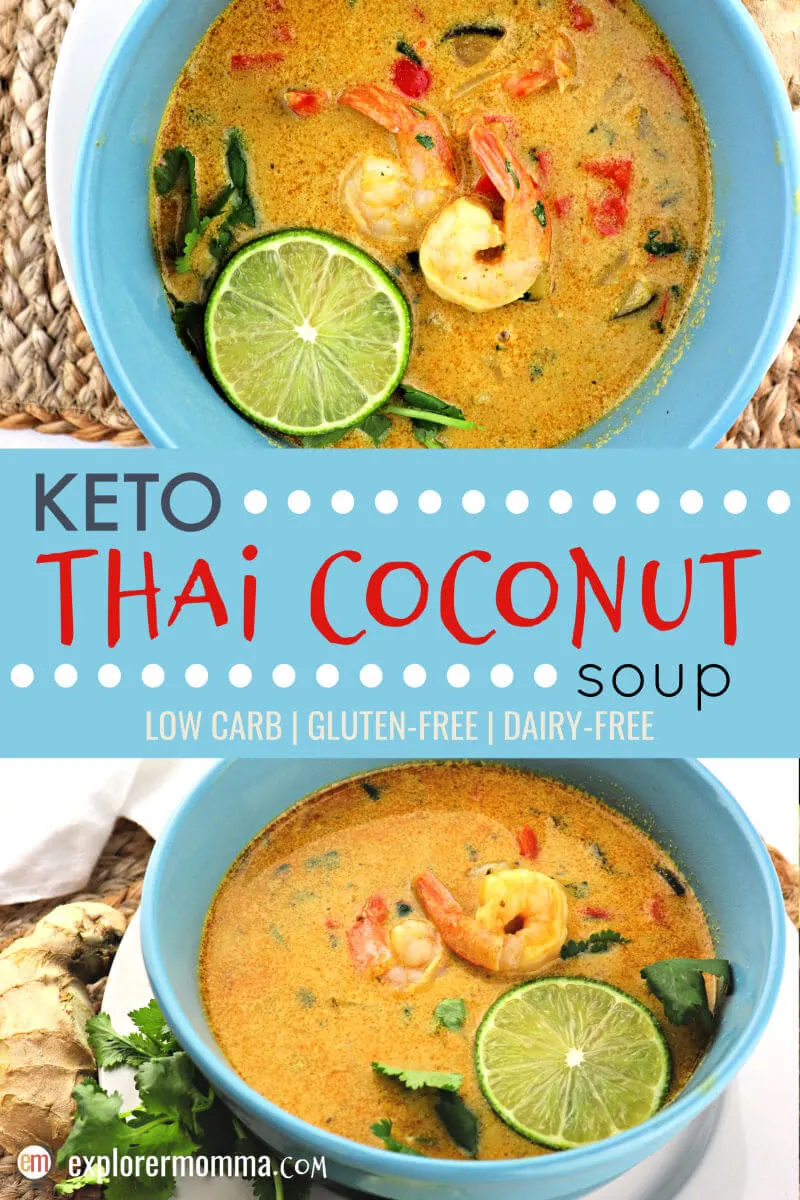 Keto Thai Coconut Soup is a delicate low carb blend of shrimp, ginger, lime, coconut milk, red curry and more. It's the perfect Lenten, spring, or anytime meal as it's dairy-free and gluten-free too. #lowcarbdinner #ketosoup