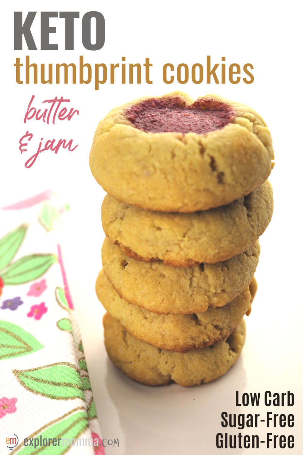 Delicious, easy butter and jam keto thumbprint cookies are the perfect low carb snack! Super kid-friendly and perfect for Easter, Christmas, Fourth of July, you name it! Gluten-free cookies with a strawberry tang. #ketorecipes #lowcarbcookies