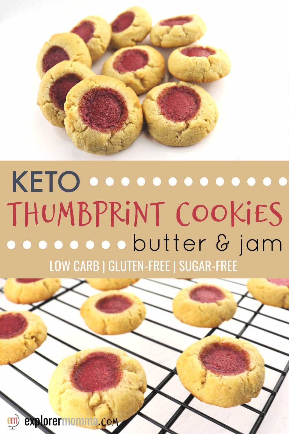 Butter and jam low carb keto thumbprint cookies are melt in your mouth gluten-free delicious. Sugar-free and kid-friendly, kids love to help make these holiday treats. #ketorecipes #lowcarbrecipes