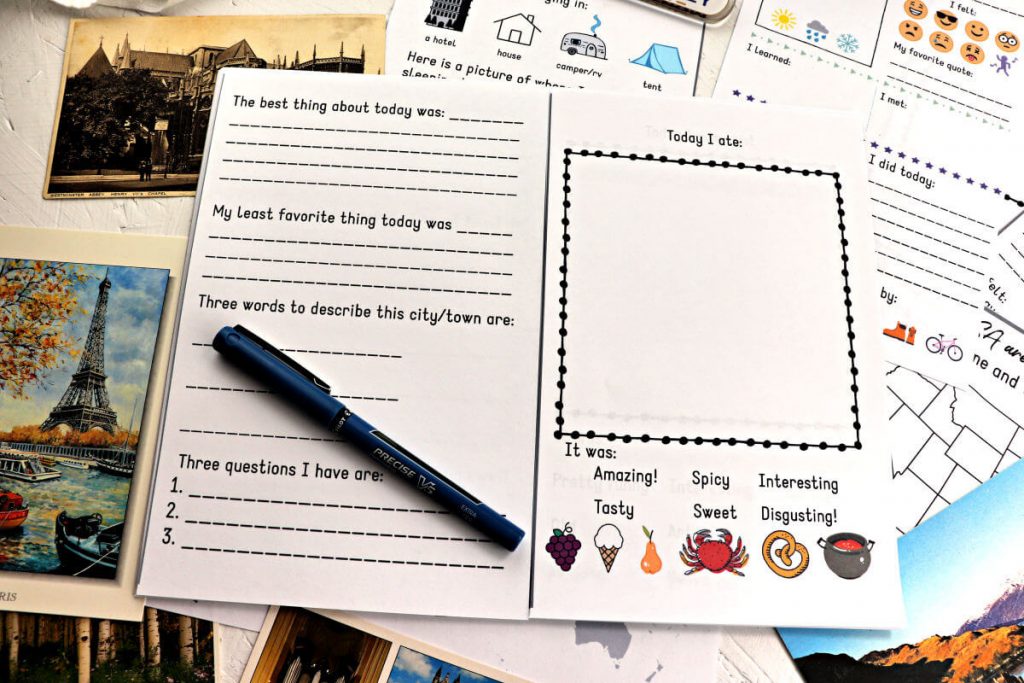 Pages of the kids travel journal with a pen. #kidstraveljournal #kidsactivities
