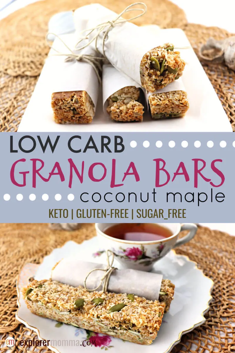 Coconut maple low carb granola bars are the perfect keto food to pack on a hike or to the office. Vegan, sugar-free, and gluten-free, they're sure to be a hit. #lowcarbrecipes #ketobreakfast
