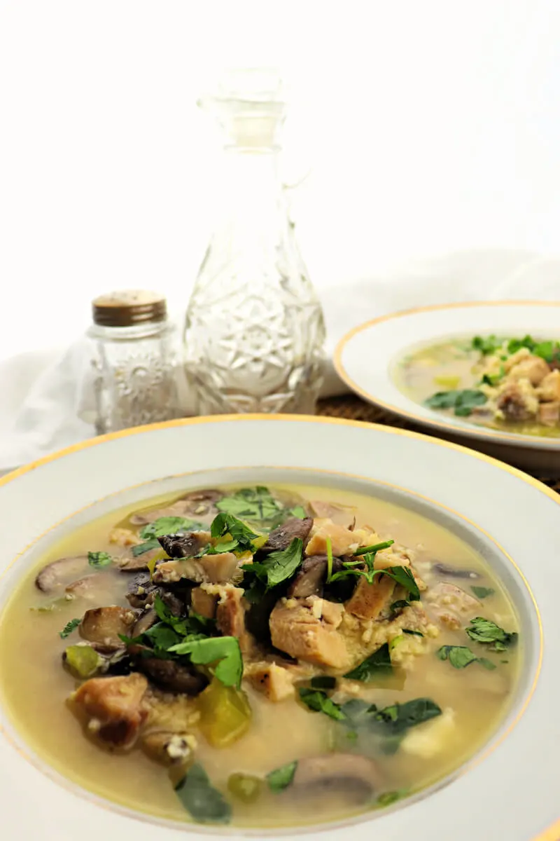 Healthy low carb chicken mushroom soup is the perfect wintry feel-good dinner recipe. #ketosoup #lowcarbsoup #chickensoup