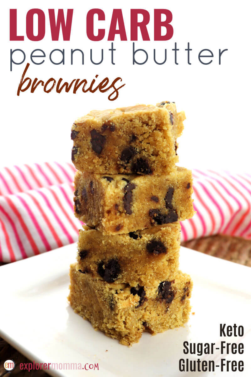 Low carb peanut butter brownies are a cheery gluten-free snack or dessert perfect for a keto diet. Sugar-free and easy. What could be better than chocolate and peanut butter for Mother's Day, a birthday, or everyday? #ketobrownies #lowcarbrecipes