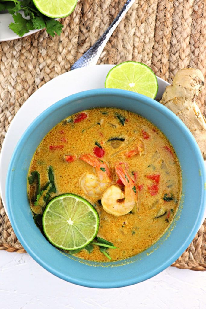 Keto Thai coconut soup is art in color and flavor. The perfect blend of flavors in a delicious low carb meal. #ketosoup #lowcarbdinner