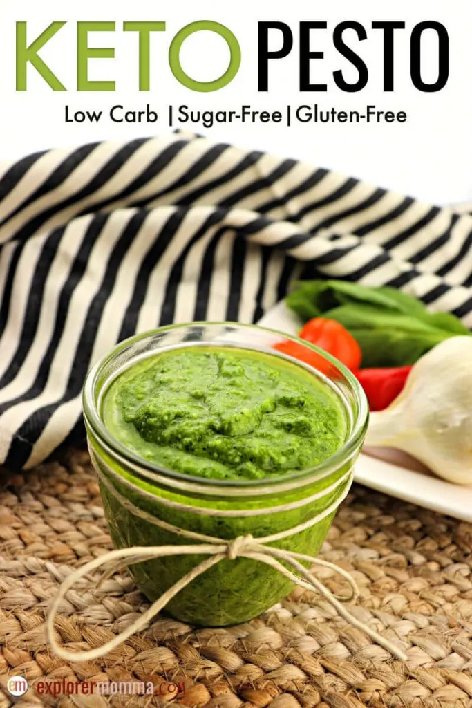 Simple and classic keto pesto is a delicious sauce for any low carb Italian dish. Gluten-free and packed with garlic and basil, every member of the family will love this fabulous dinner accompaniment. #lowcarbrecipes #ketopesto
