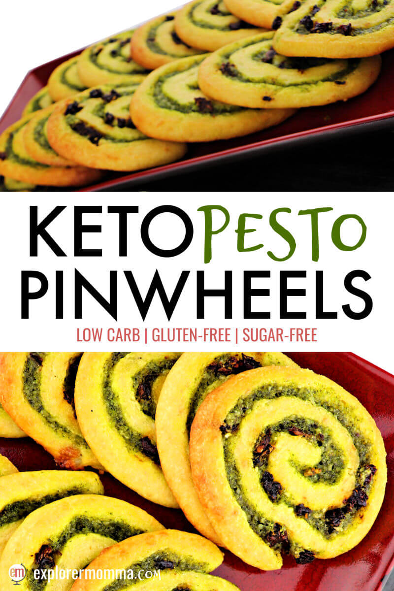 Flavorful keto pesto pinwheels are a delicious low carb appetizer or gluten-free snack to take to any party or event. You can't go wrong with a fathead dough, basil, garlic, parmesan, and sundried tomatoes! #ketoappetizer #ketorecipes