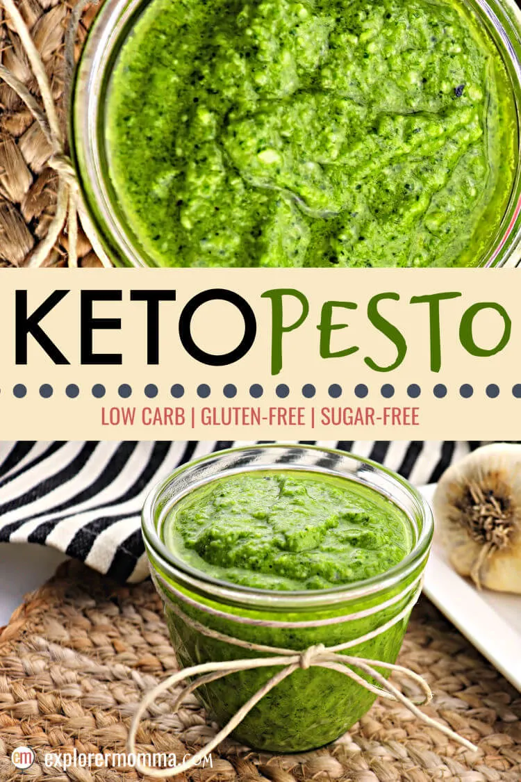 Delicious and super simple keto pesto adds a punch of flavor to any low carb meal. Garlic, basil, and parmesan, you can't go wrong! Use up the garden basil and keep the family happy all year. #ketorecipes #lowcarbsauce