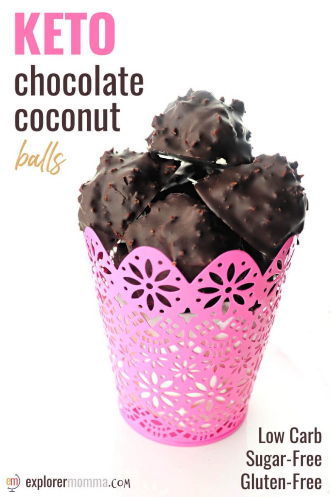 Keep these Keto chocolate coconut balls around during Easter and other candy-filled holiday. They're low carb, sugar-free, and will help keep you on the keto diet and say no to temptations. #ketocandy #lowcarbdesserts