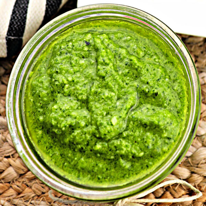 Overhead keto pesto in jar #ketopesto #ketorecipes