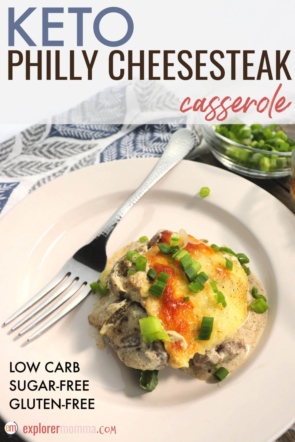 Delicious Keto Philly Cheesesteak Casserole is a great option to add to your meal prep list for a quick weeknight low carb family meal. Comforting flavors and great protein, your family will love this gluten-free dish. #ketodinner #ketorecipes